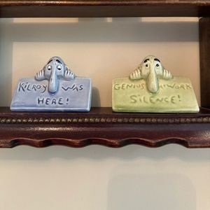 Kilroy Was Here & Genius at Work Silence novelty vintage salt and pepper shakers